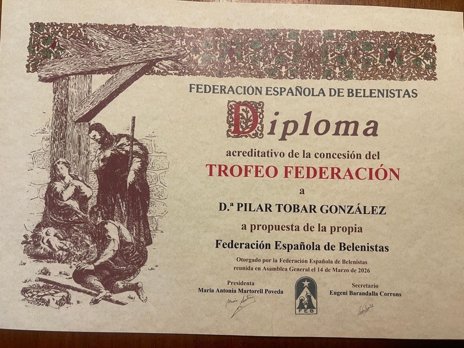 Diploma del Trofeo FEB 2026 a Pilar Tobar González