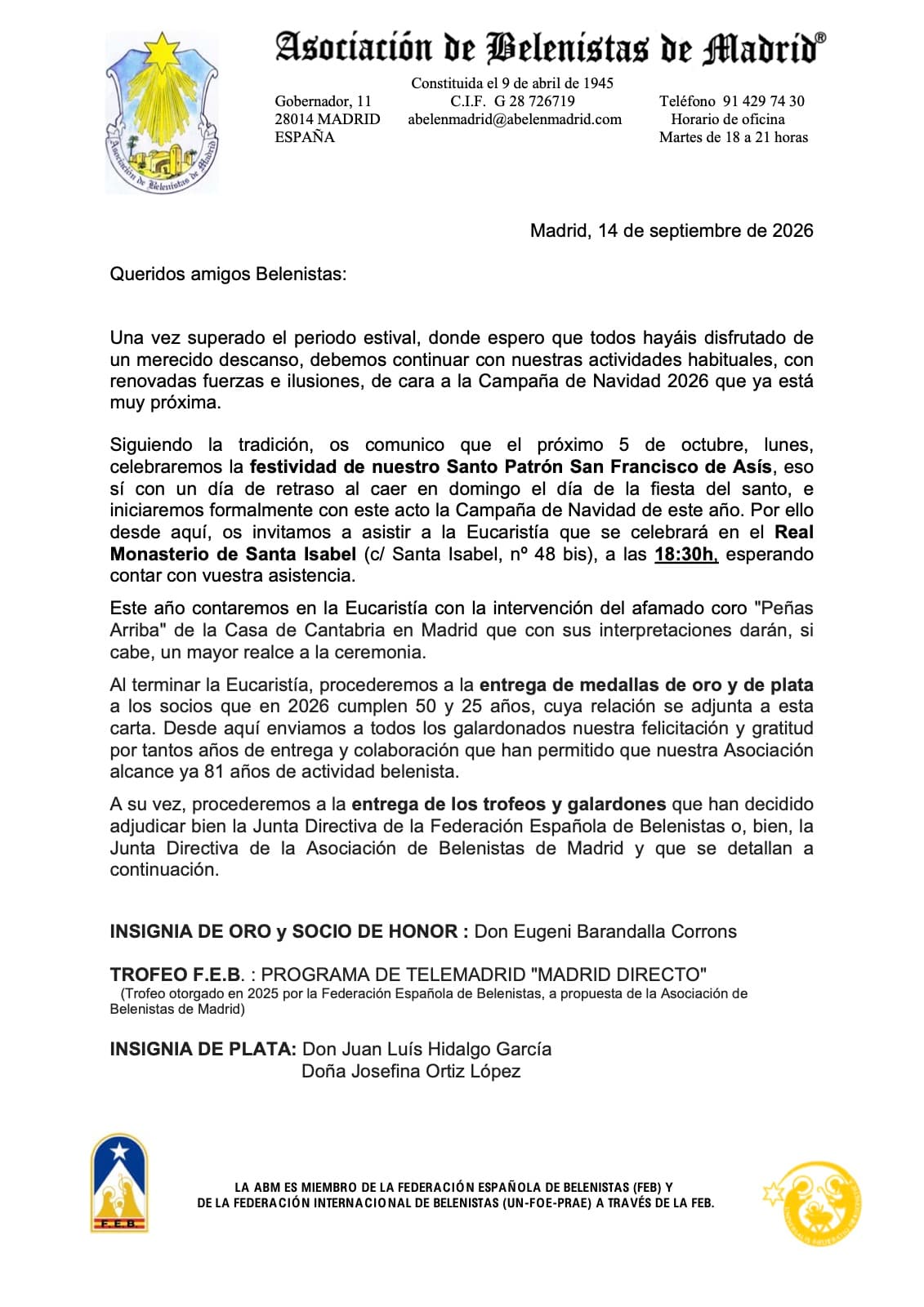 Carta de invitación de la Asociación de Belenistas de Madrid a la misa de San Francisco de Asís 2026