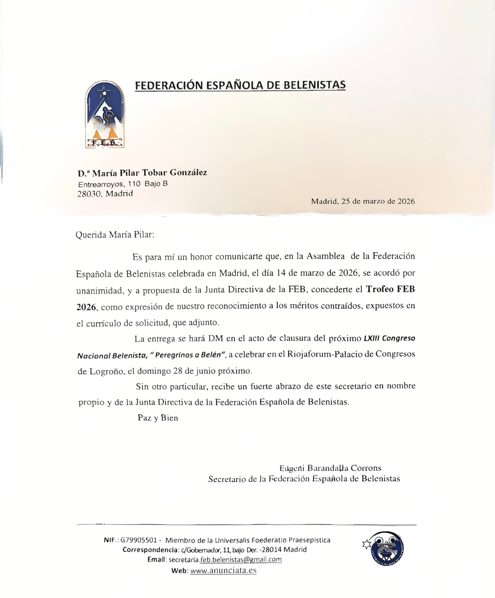 Carta oficial de la Federación Española de Belenistas
